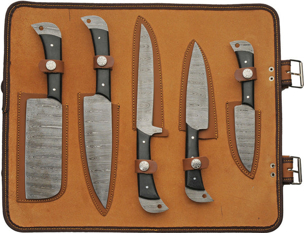 Damascus Kitchen Knife Set with Roll