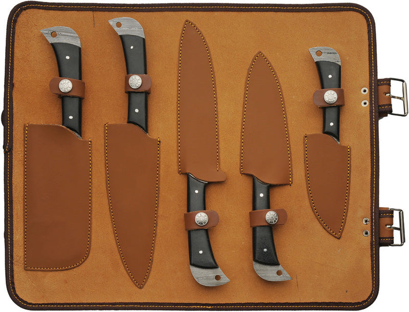 Damascus Kitchen Knife Set with Roll