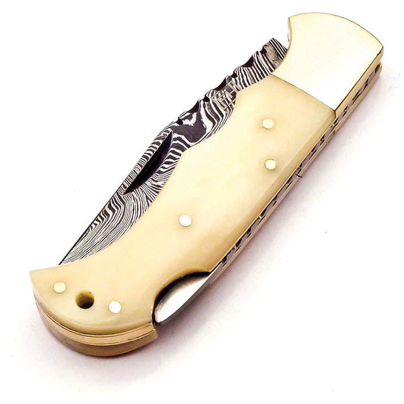 FH Knives Lockback Damascus Bone
