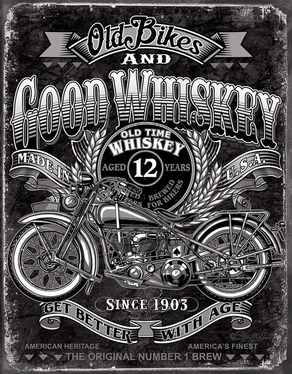 Tin Signs Old Bikes Good Whiskey