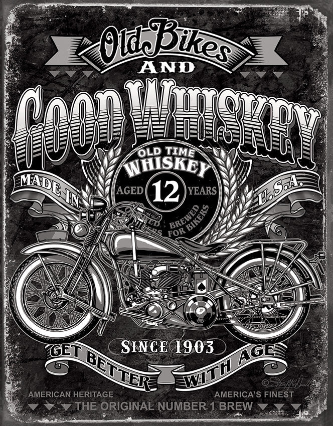 Tin Signs Old Bikes Good Whiskey